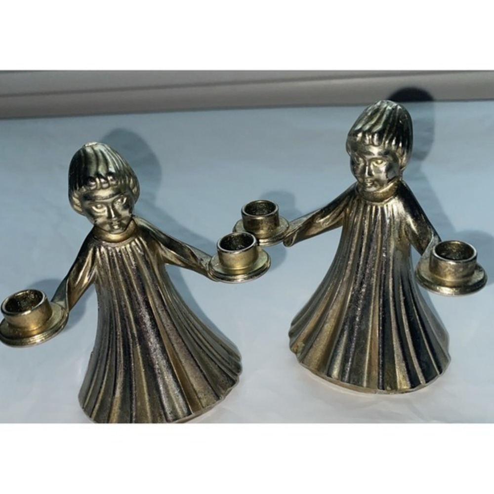 Girl Mini Candle Holders Silver Plated Italy Christmas Vintage 3728